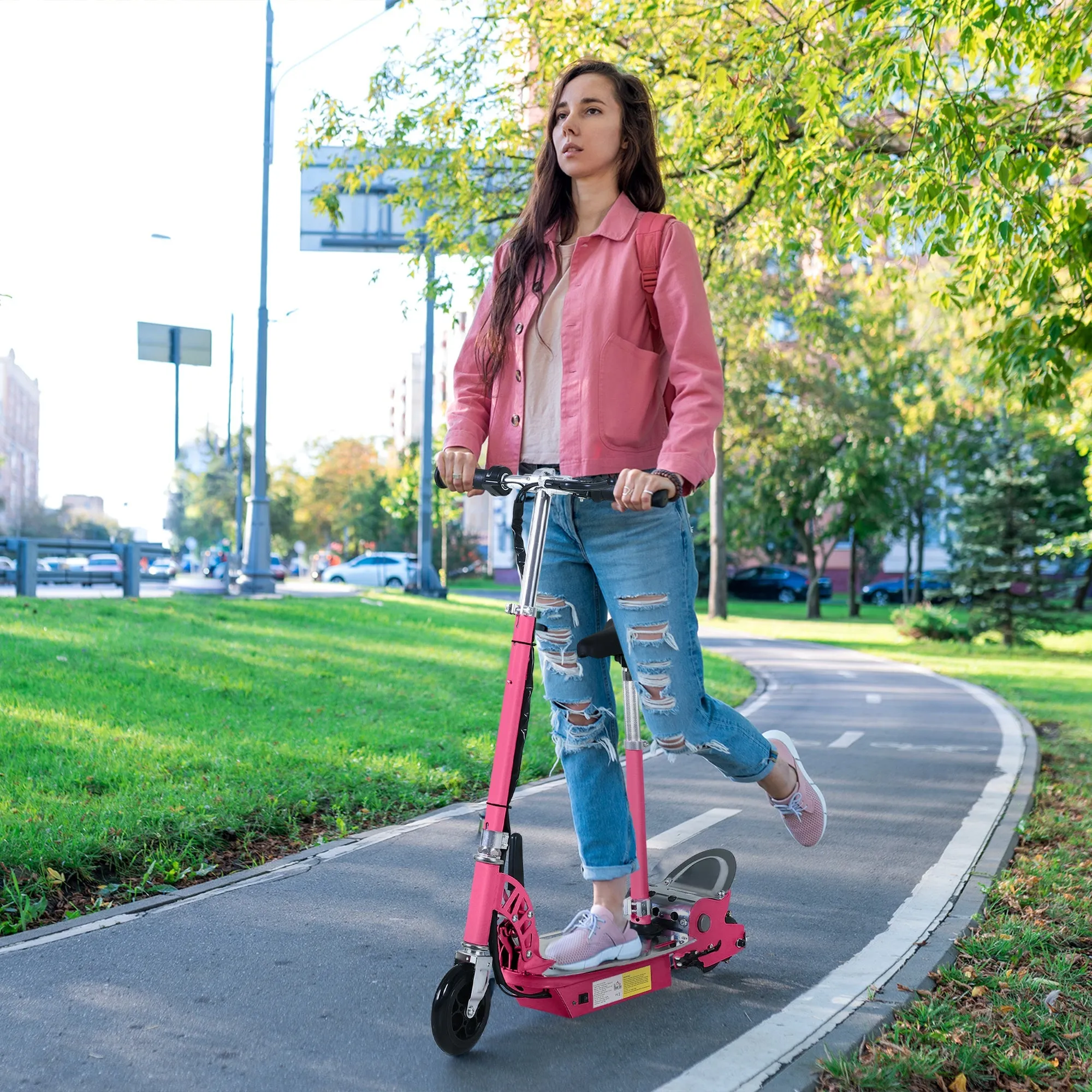 120W Teens Foldable Kids Powered Scooters 24V Rechargeable Battery Adjustable Ride on Outdoor Toy (Pink)