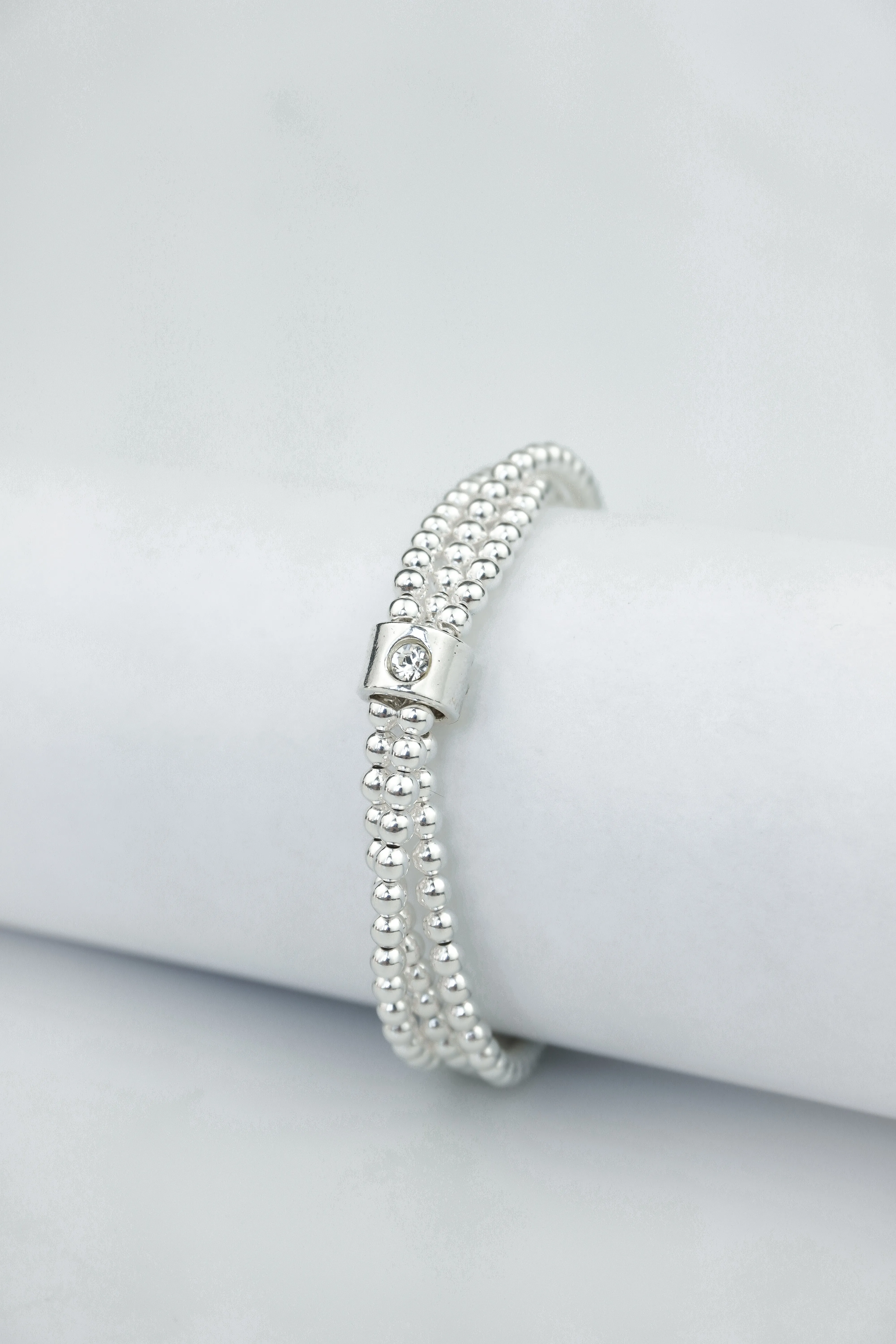 925 Sterling Silver Floating White CZ Bracelet, (3 x 3mm Bracelets) held together w/ White CZ Floating Bead, Silver Stretch Bracelet