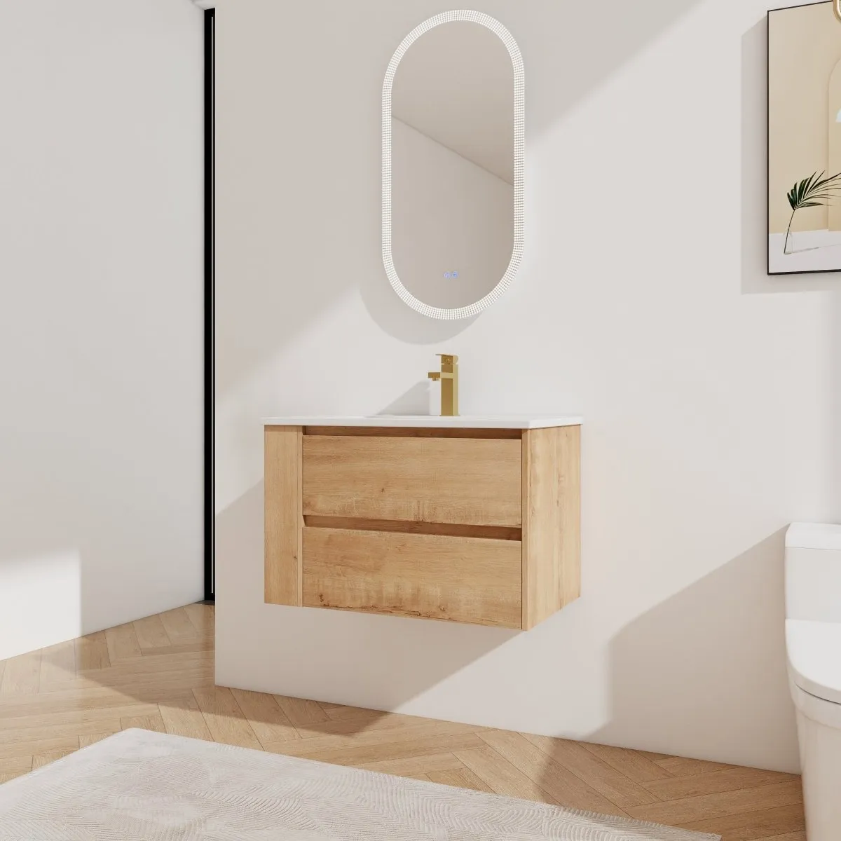 Allsumhome 30" Wall Mounting Floating Bathroom Vanity With Ceramic Sink,Imitative Oak Finish,2-Soft Close Drawer