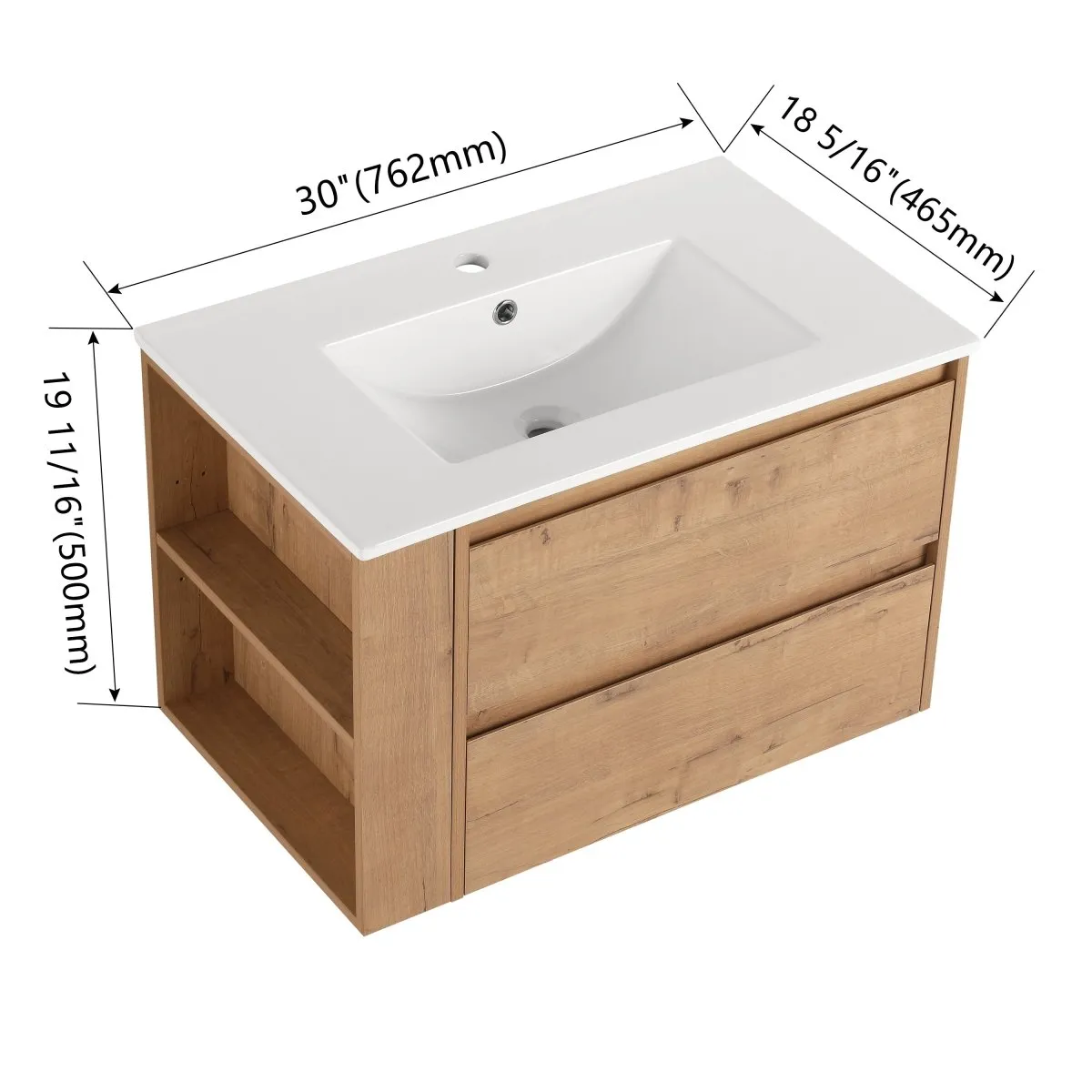 Allsumhome 30" Wall Mounting Floating Bathroom Vanity With Ceramic Sink,Imitative Oak Finish,2-Soft Close Drawer