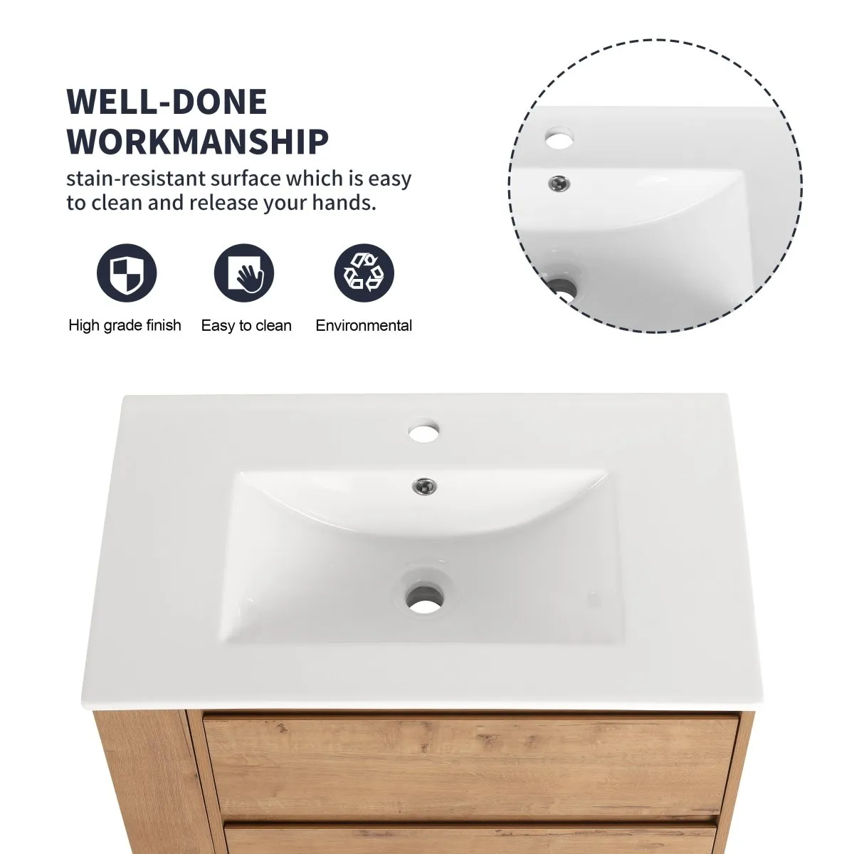 Allsumhome 30" Wall Mounting Floating Bathroom Vanity With Ceramic Sink,Imitative Oak Finish,2-Soft Close Drawer