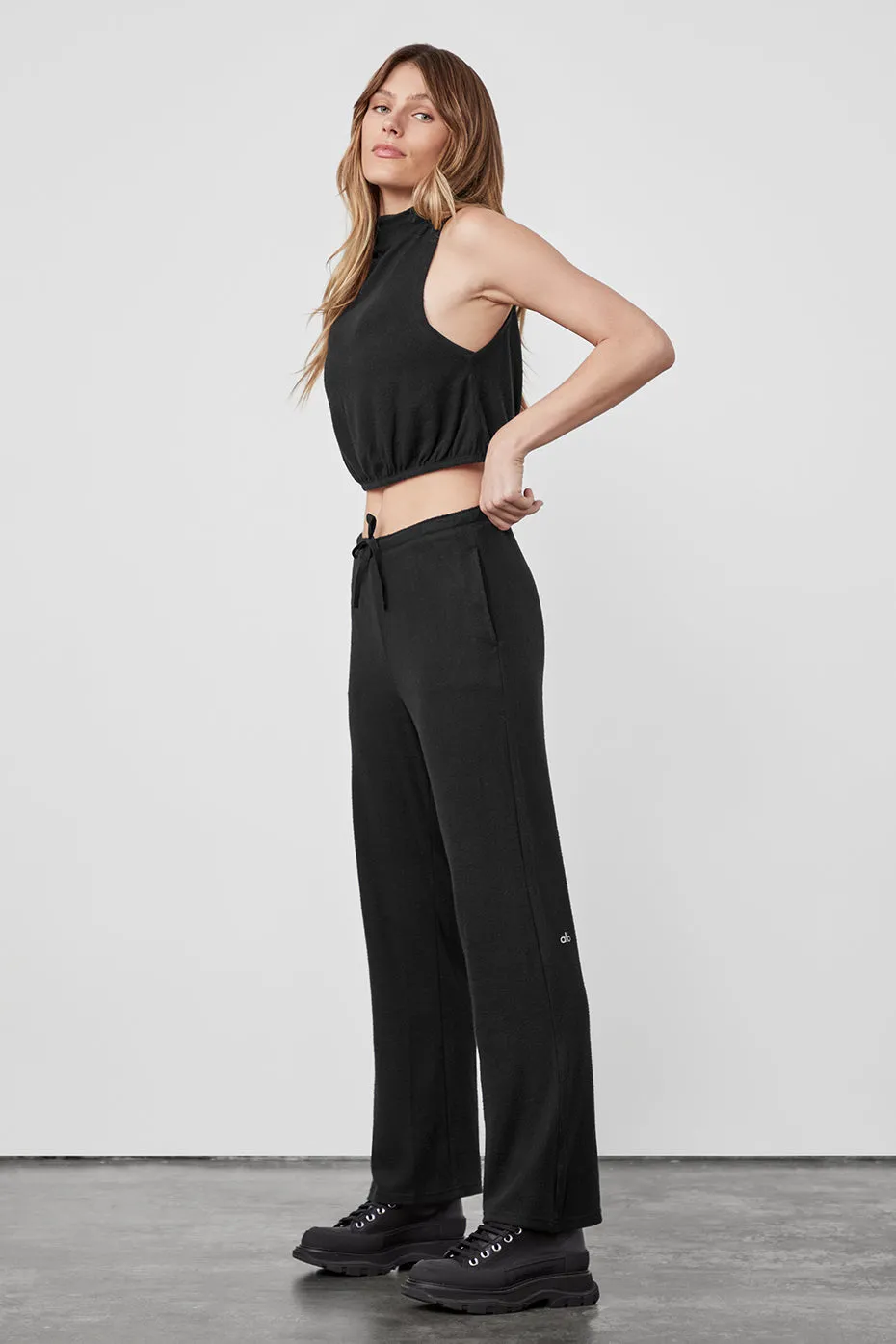 Alolux Soho Mock Neck Tank & Alolux High-Waist Soho Wide Leg Pant Set - Black