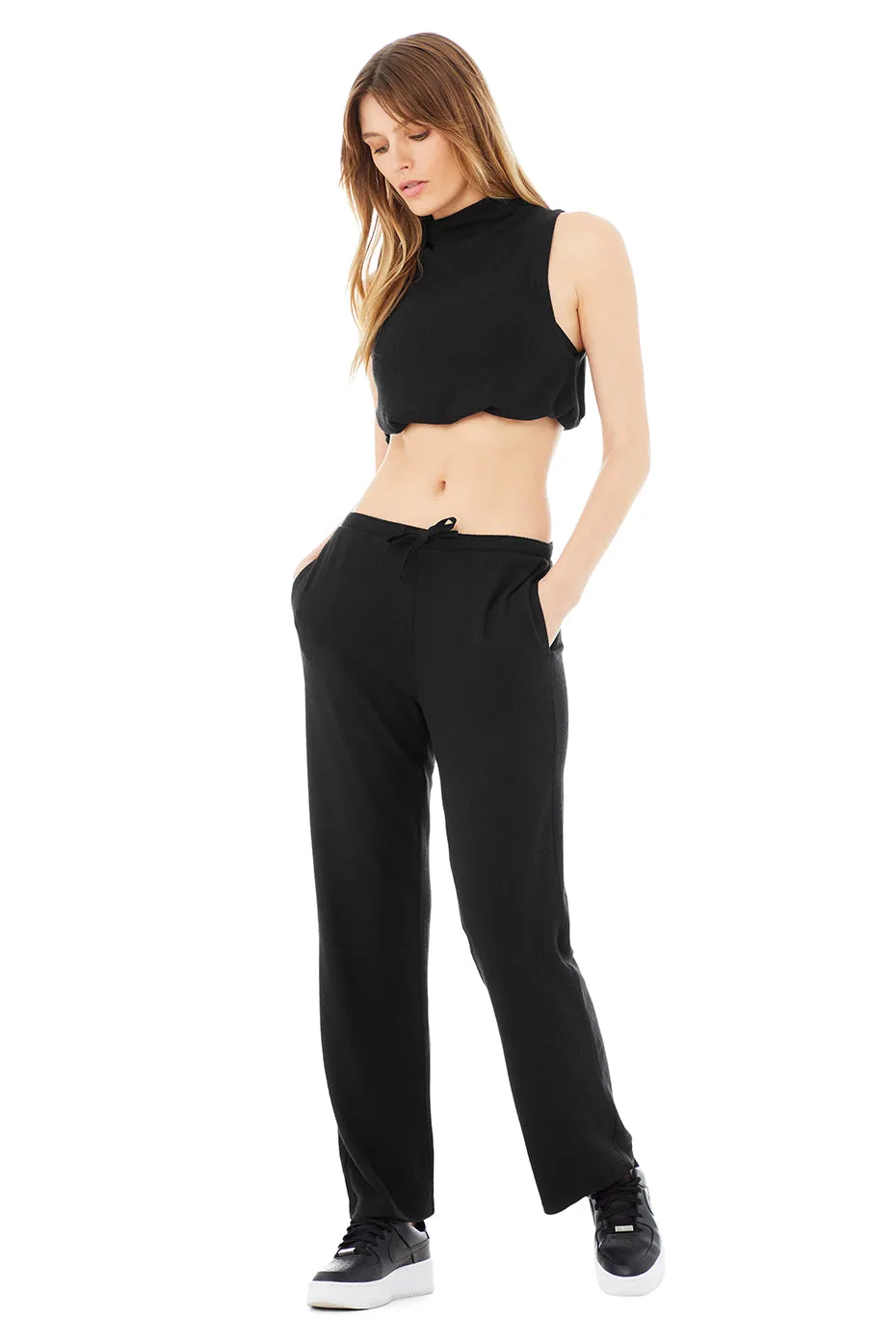 Alolux Soho Mock Neck Tank & Alolux High-Waist Soho Wide Leg Pant Set - Black