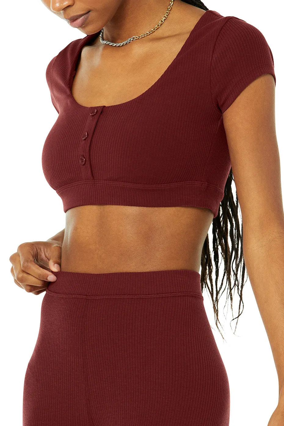 Blissful Henley Bra Top & Ribbed High-Waist 7/8 Blissful Legging Set - Cranberry