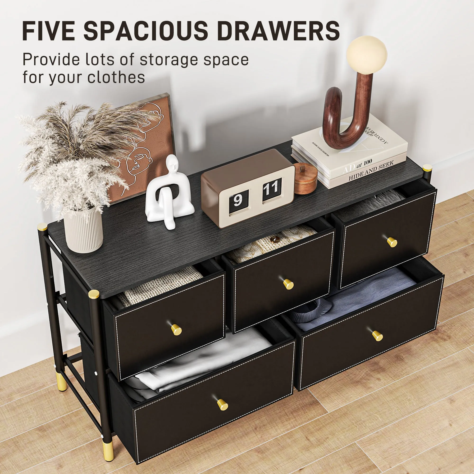 Chest of Drawers, 5 Drawer Fabric Dresser with PU Leather Surface, Steel Frame, Storage Organizer Unit for Bedroom, Living Room, Hallway, Closet, Easy to Assemble, Black