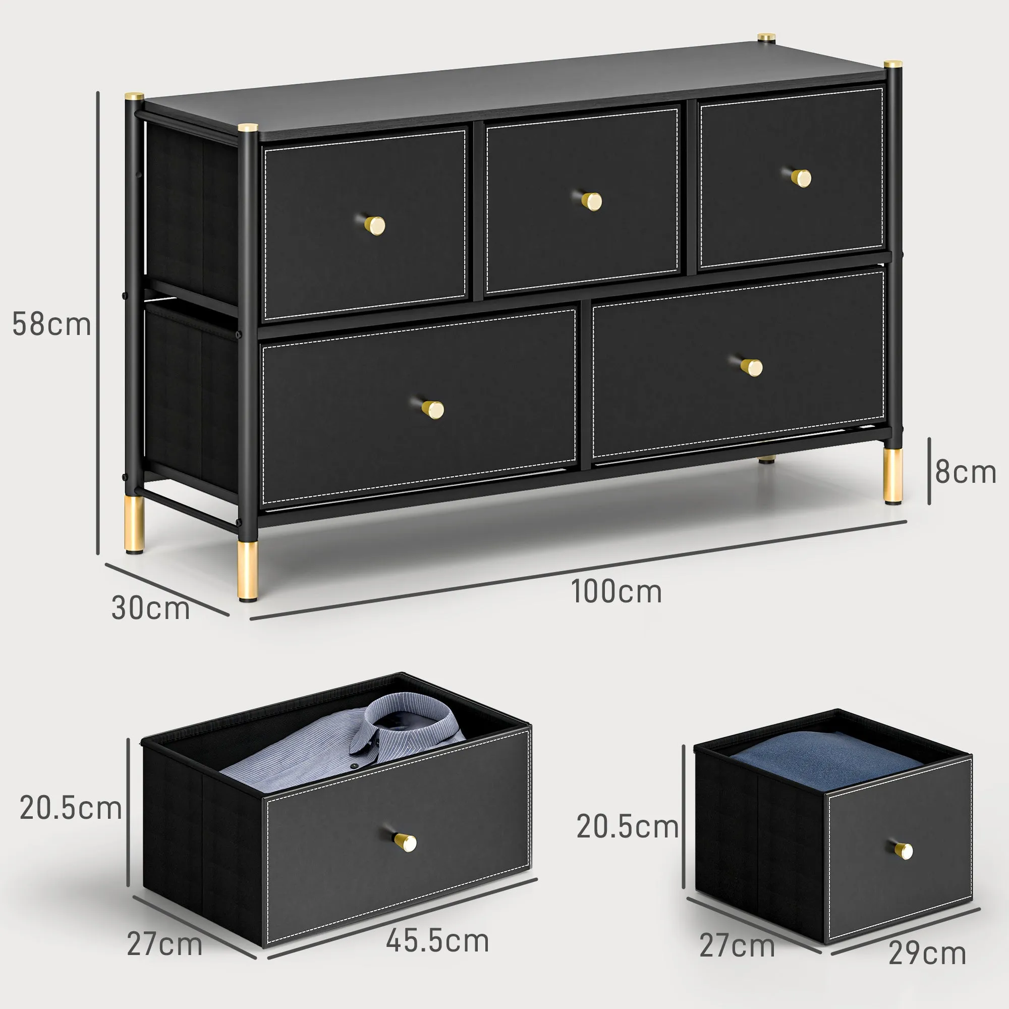 Chest of Drawers, 5 Drawer Fabric Dresser with PU Leather Surface, Steel Frame, Storage Organizer Unit for Bedroom, Living Room, Hallway, Closet, Easy to Assemble, Black