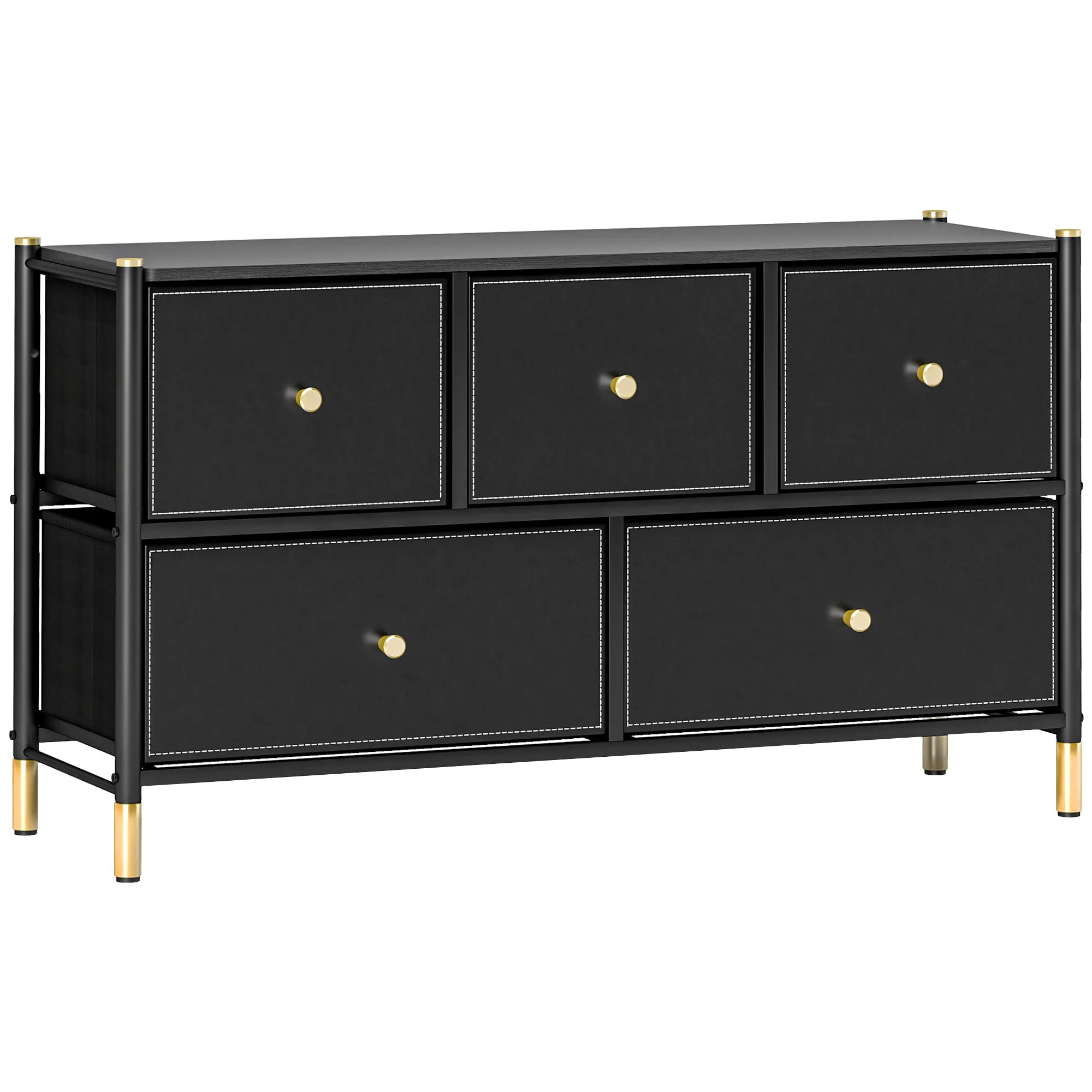 Chest of Drawers, 5 Drawer Fabric Dresser with PU Leather Surface, Steel Frame, Storage Organizer Unit for Bedroom, Living Room, Hallway, Closet, Easy to Assemble, Black