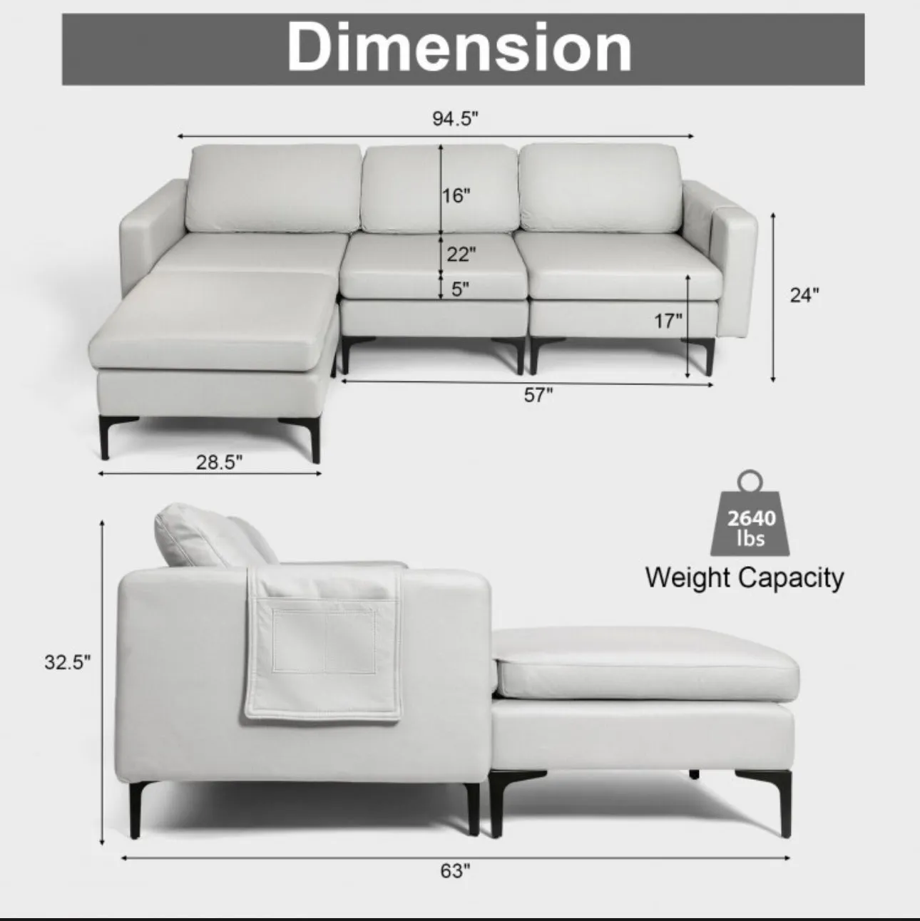 Elegant Modern Heavy Duty Comfortable L-Shaped Sectional Sofa Couch With Reversible Chaise | 2 USB-Ports | Thick Seat Cushions | Ottoman