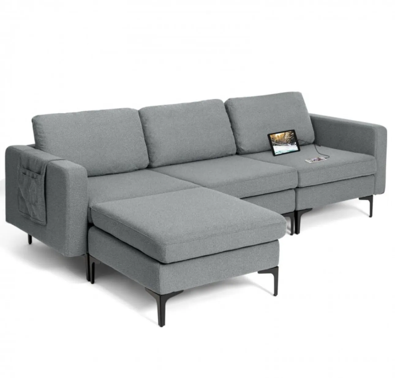 Elegant Modern Heavy Duty Comfortable L-Shaped Sectional Sofa Couch With Reversible Chaise | 2 USB-Ports | Thick Seat Cushions | Ottoman