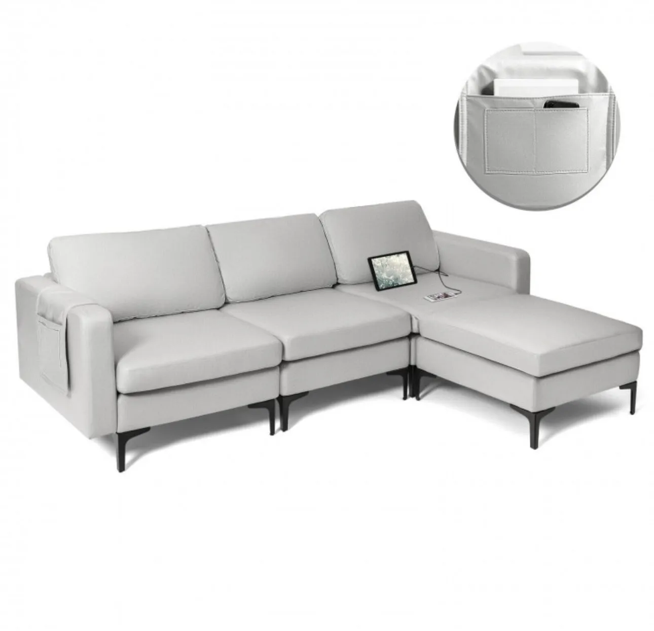 Elegant Modern Heavy Duty Comfortable L-Shaped Sectional Sofa Couch With Reversible Chaise | 2 USB-Ports | Thick Seat Cushions | Ottoman