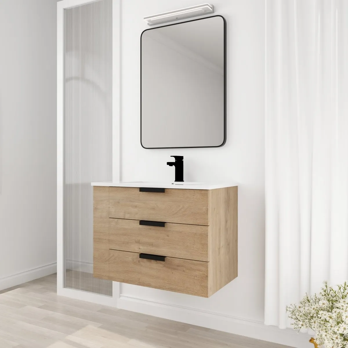 ExBrite 30" Oak Bathroom Vanity With Top Adjustable Side Shelf