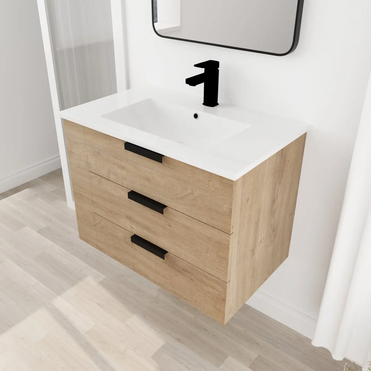 ExBrite 30" Oak Bathroom Vanity With Top Adjustable Side Shelf