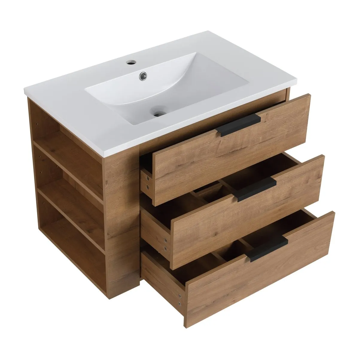 ExBrite 30" Oak Bathroom Vanity With Top Adjustable Side Shelf