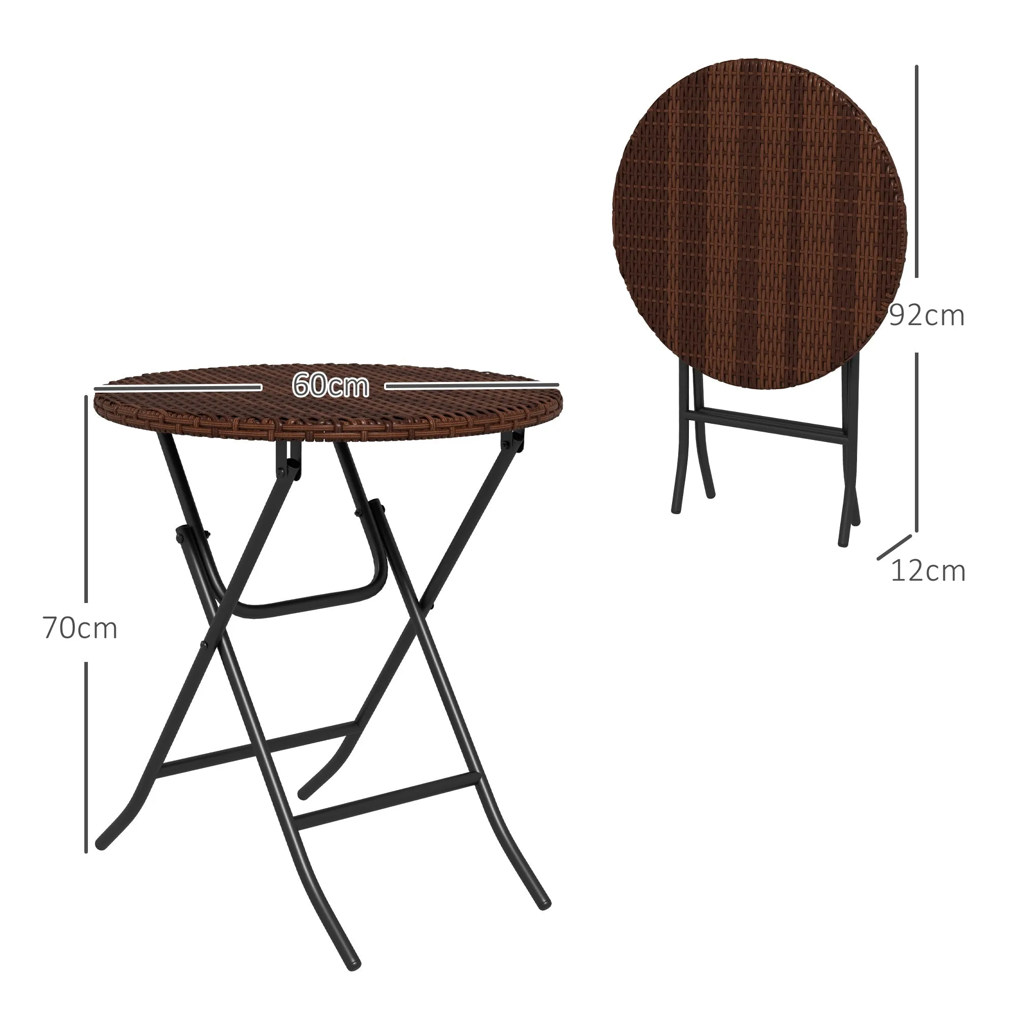 Foldable PE Rattan Outdoor Coffee Table, Metal Frame Wicker Round Side Table, Coffee Table Side Table for Lawn, Garden, Mixed Brown