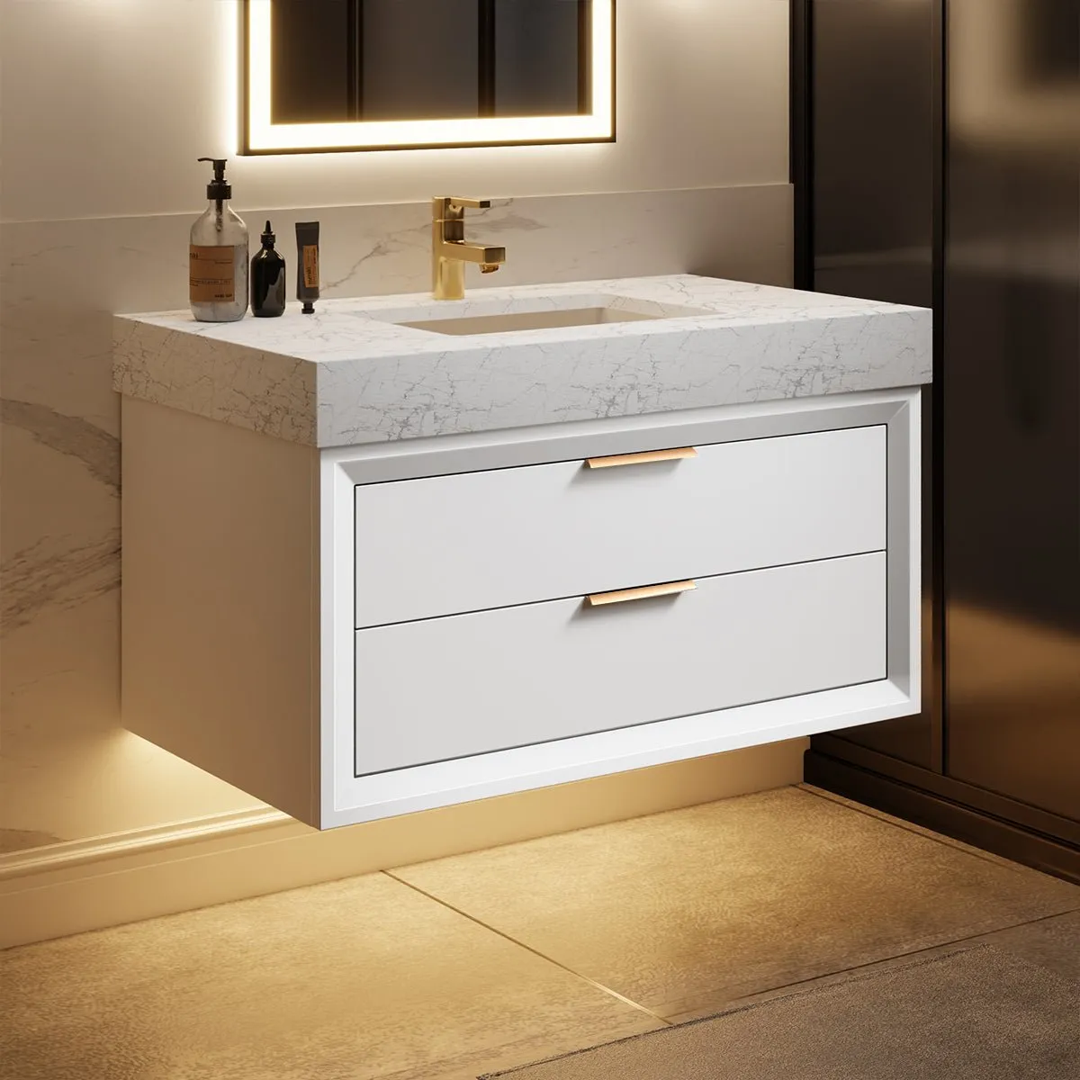 Glam 36" Modern Floating White Rubberwood Bathroom Vanity Cabinet with Lights and Stone Slab Countertop, Single Sinks