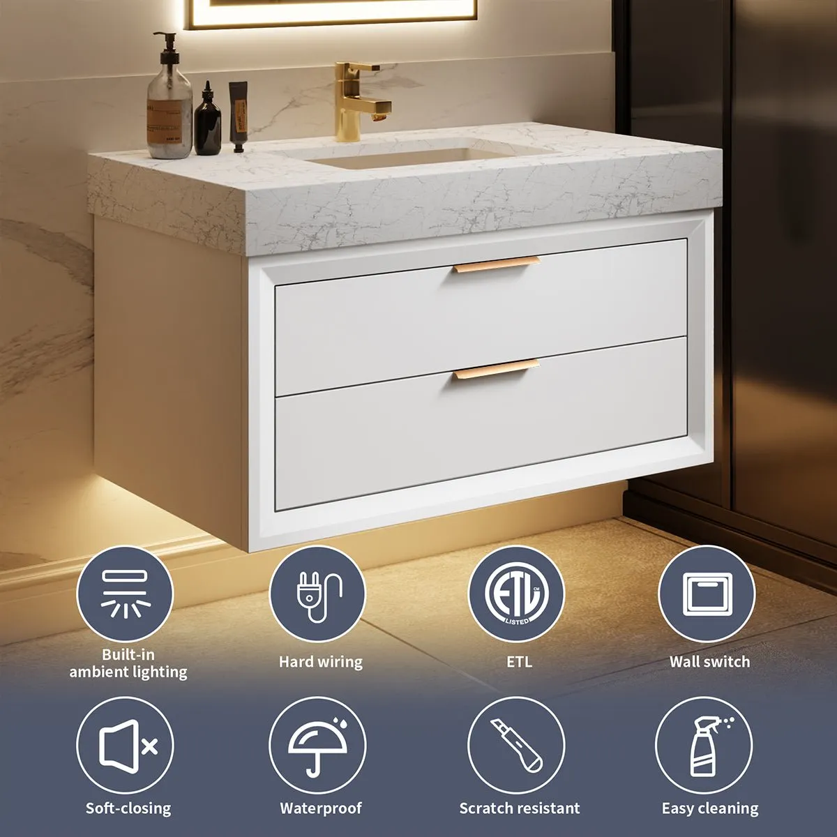 Glam 36" Modern Floating White Rubberwood Bathroom Vanity Cabinet with Lights and Stone Slab Countertop, Single Sinks