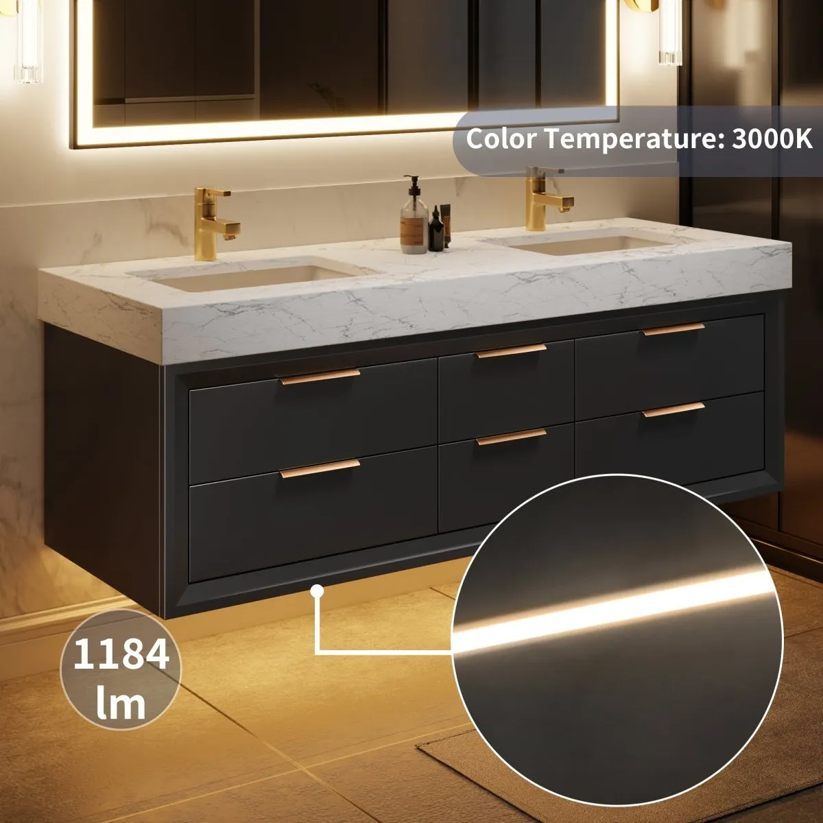 Glam 60" Modern Floating Rubberwood Bathroom Vanity Cabinet with Lights and Stone Slab Countertop in Black