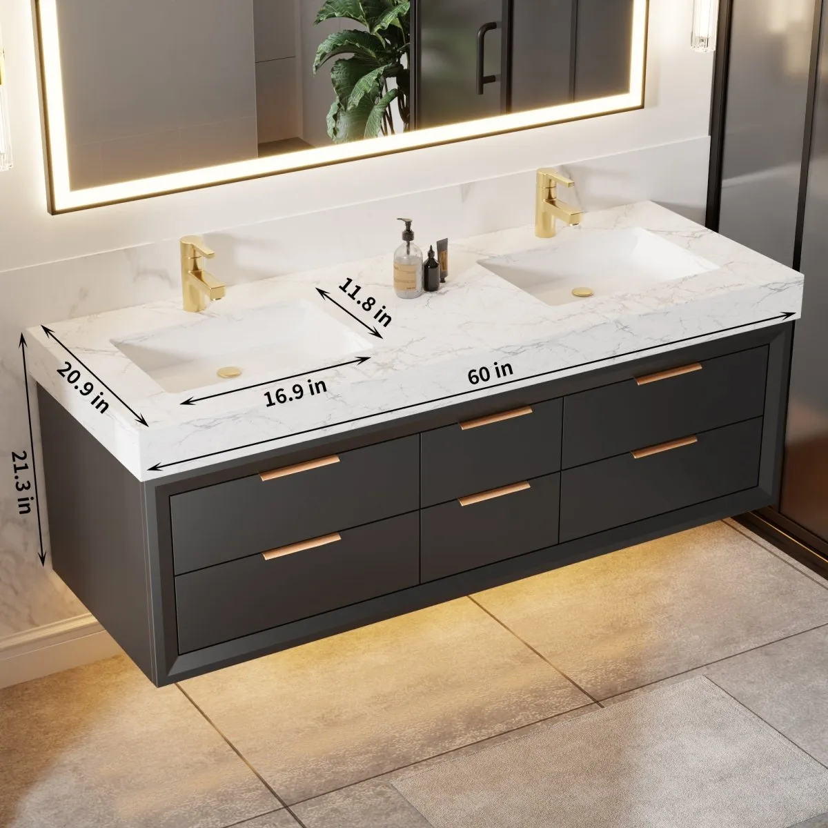 Glam 60" Modern Floating Rubberwood Bathroom Vanity Cabinet with Lights and Stone Slab Countertop in Black