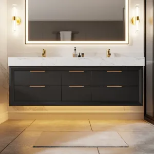 Glam 60" Modern Floating Rubberwood Bathroom Vanity Cabinet with Lights and Stone Slab Countertop in Black