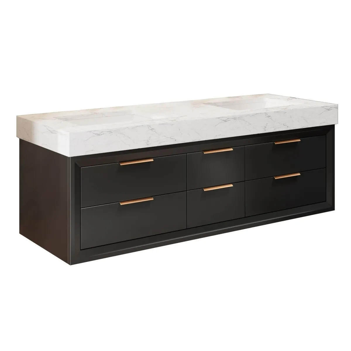 Glam 60" Modern Floating Rubberwood Bathroom Vanity Cabinet with Lights and Stone Slab Countertop in Black