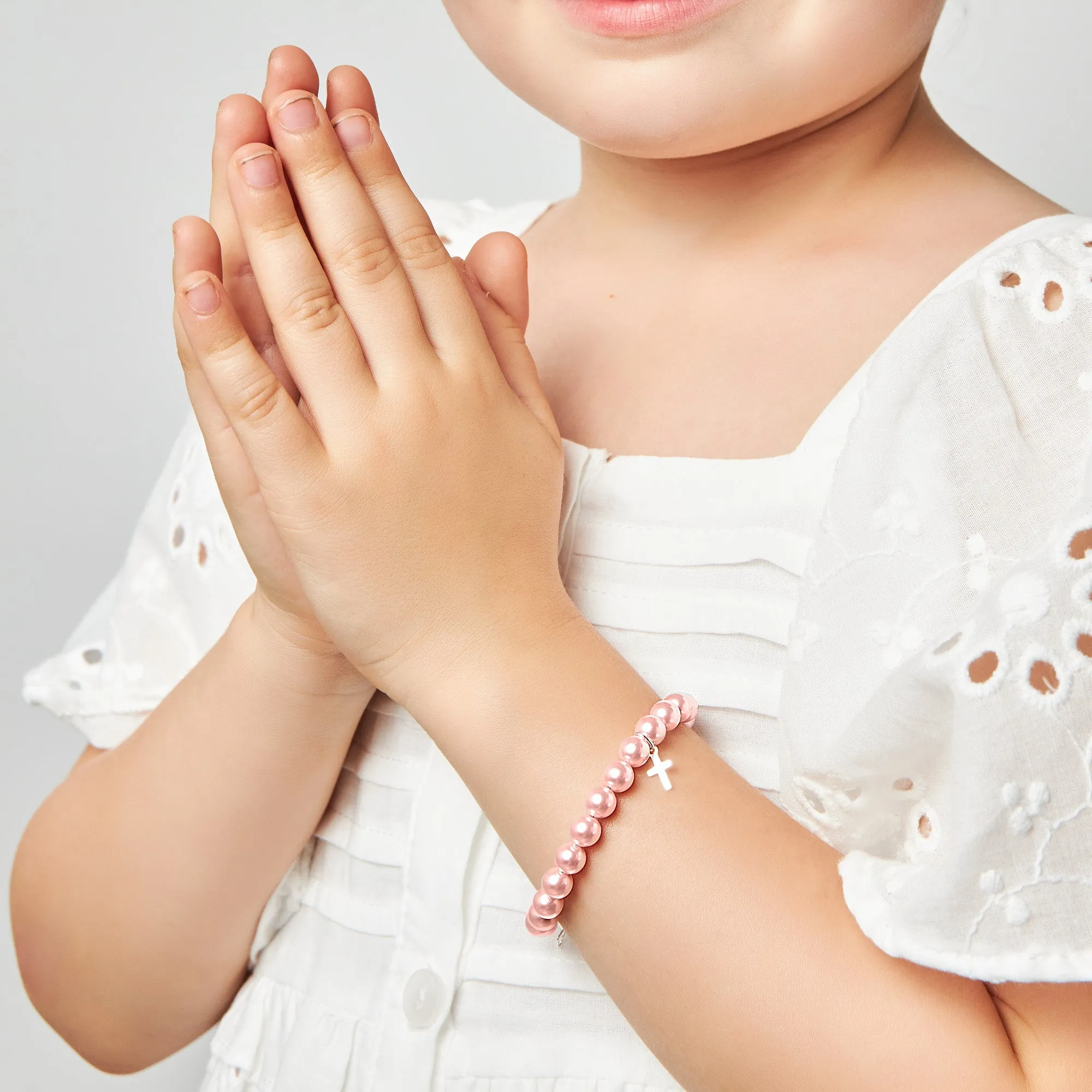 Infant Baby Girl Sterling Silver Cross Baptism & Christening Pink Pearl Bracelet