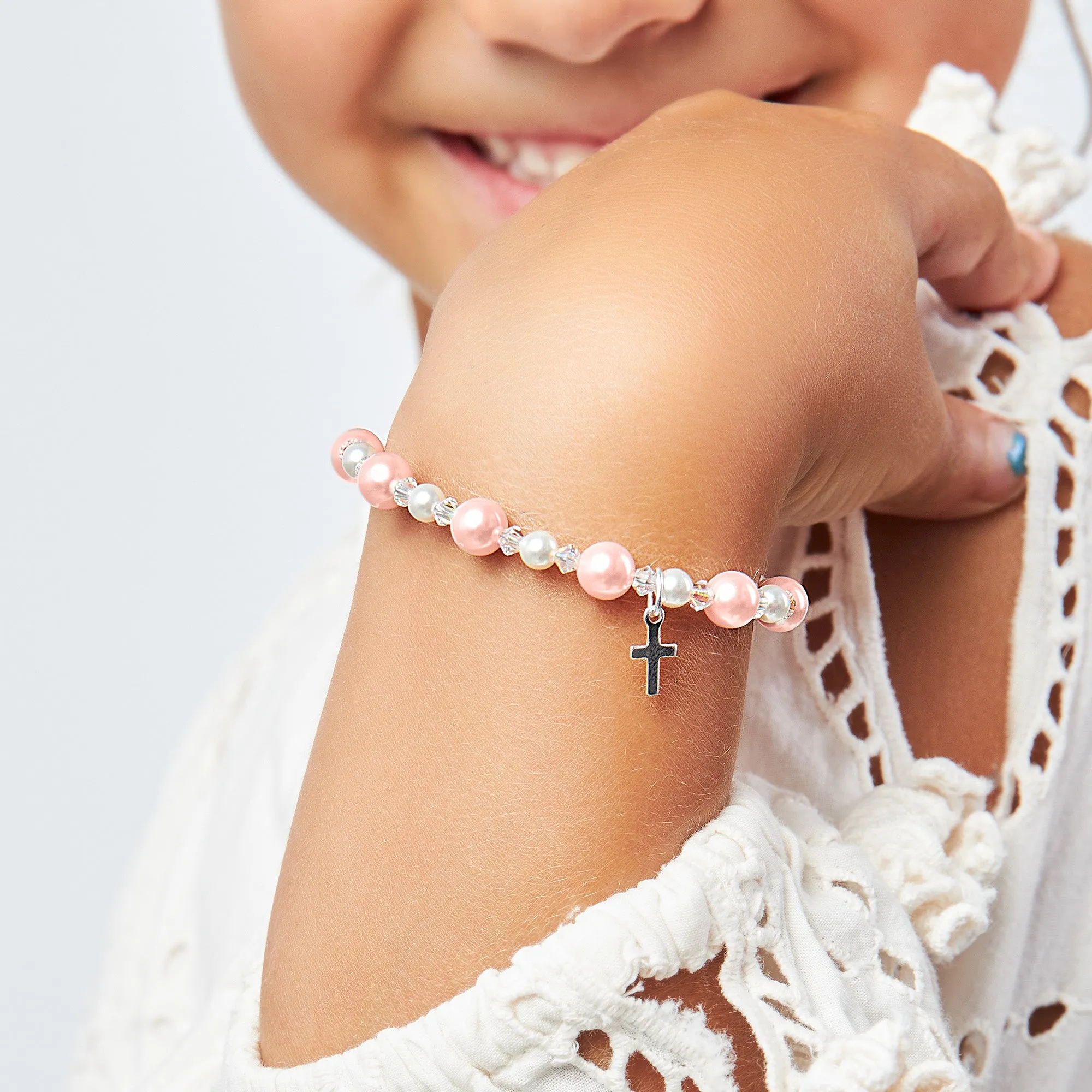 Newborn Baby Girl Baptism Bracelet Sterling Silver Cross Pink & White Pearl Clear Crystals