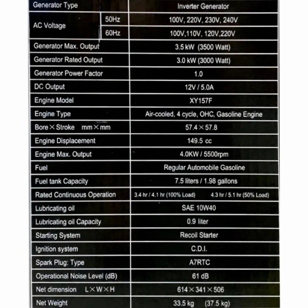 Reliable 3200W Gasoline Inverter Generator