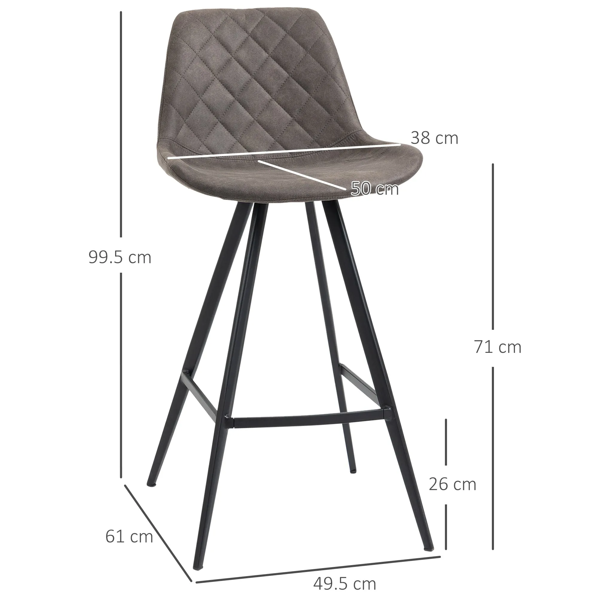 Set Of 2 Bar Stools Vintage Microfiber Cloth Tub Seats Padded Comfortable Steel Frame Footrest Quilted Home Kitchen Chair Stylish Dark Grey