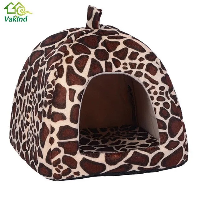 Soft Comfortable Pet Cat House Leopard Strawberry Dog Bed Foldable Puppy Dog House Cute Animal Kennel Nest Dog Cat Bed