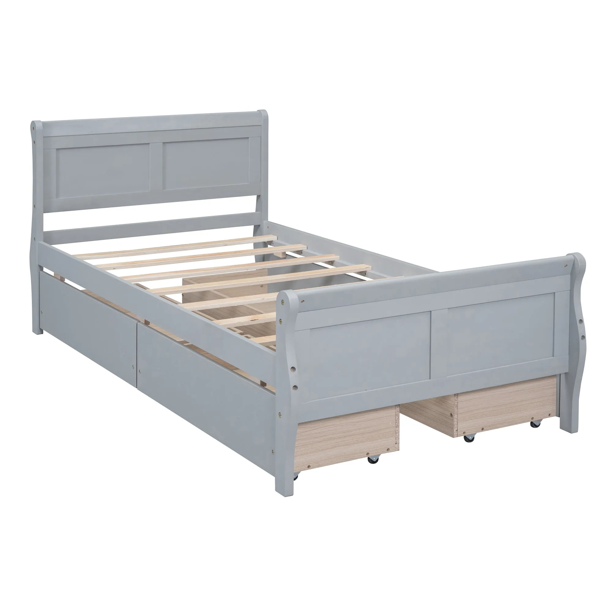 Twin Size Wood Platform Bed with 4 Drawers and Streamlined Headboard & Footboard, Gray