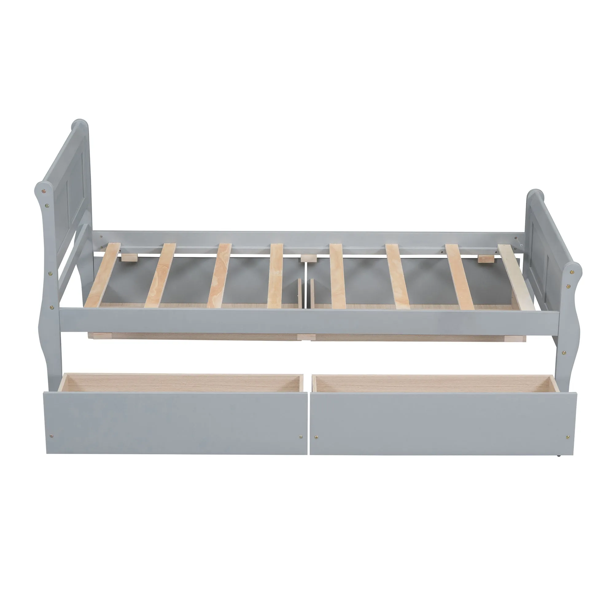 Twin Size Wood Platform Bed with 4 Drawers and Streamlined Headboard & Footboard, Gray