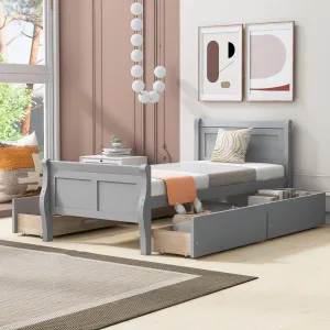 Twin Size Wood Platform Bed with 4 Drawers and Streamlined Headboard & Footboard, Gray